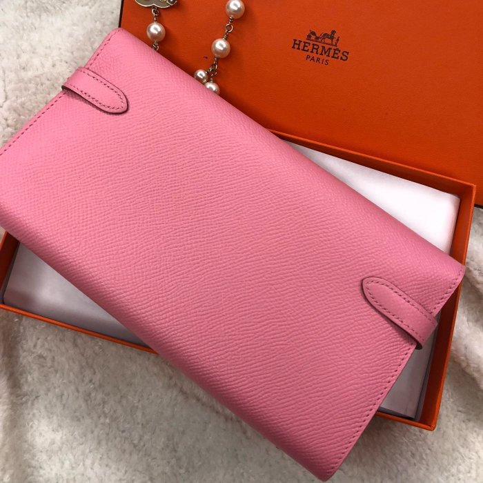 【貝菈媽咪口袋小精品】Hermes Kelly wallet 長夾 粉紅1Q糖果粉 香檳金扣 稀有 Constance