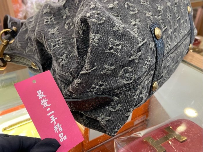 ☆最愛二手精品☆ LOUIS VUITTON LV 黑色丹寧布緹花布黑皮革霧金釦拉鍊抓皺皺摺手提包肩背包斜背包 M95352 XG3272