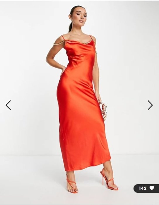 (嫻嫻屋) 英國ASOS-Rare London焦橙色鍛面垂墜領細肩帶水鑽點綴長裙洋裝禮服 AD24