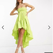 (嫻嫻屋) 英國ASOS-檸檬綠平口褶飾抹胸式領綁帶切口背露美背高低裙洋裝禮服ED23