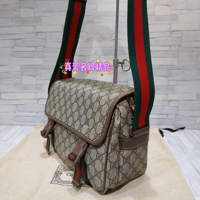 《真愛名牌精品》GUCCI 760123 GG Supreme PVC  郵差包 斜背包*9成新品*