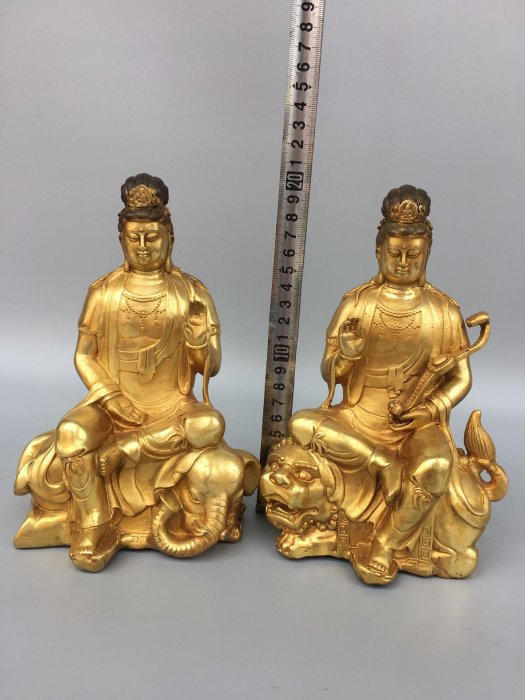 銅鎏金文殊普賢菩薩佛像，重2.9公斤，35080R一對