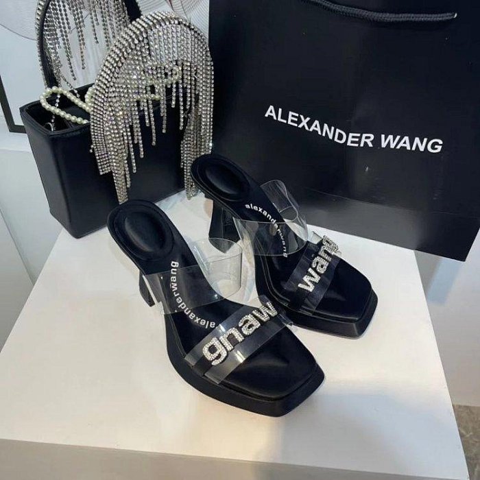 【King女王代購】Alexander Wang AW字母水鉆拖鞋2024新款網紅方頭厚底防水台一字拖