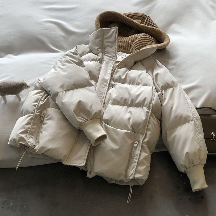 韓國東大門冬季新款毛綫帽棉服短版女韓版寬鬆棉衣麵包服外套