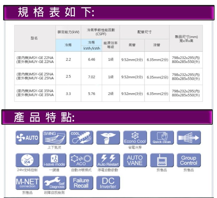 台南家電館-三菱電機變頻冷氣/冷專【MSY-GE71NA+MUY-GE71NA】7.1KW靜音大師~