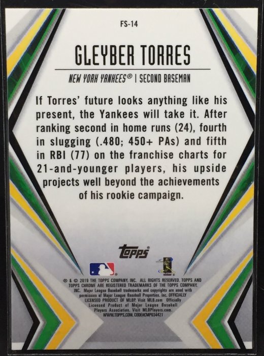 GLEYBER TORRES 2019 TOPPS CHROM 閃卡 FUTURE STARS FS-14 洋基隊