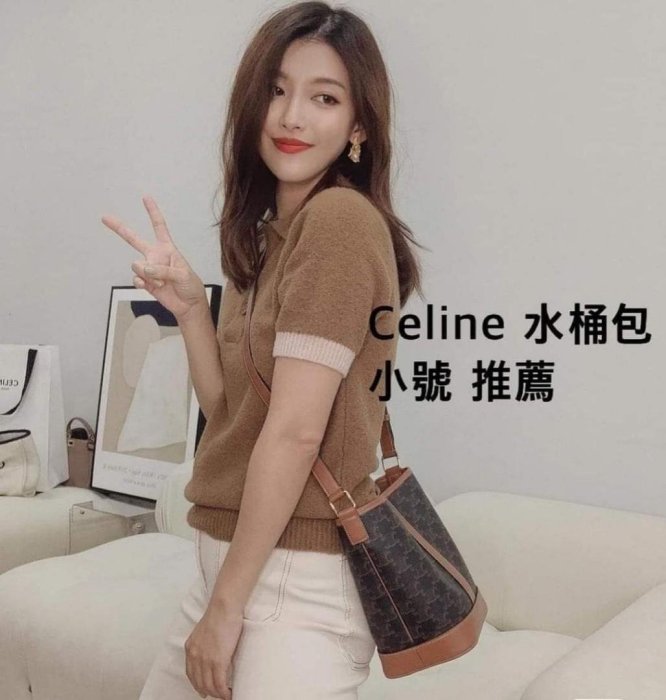 【雪曼國際精品】CELINE TRIOMPHE 黃褐色帆布及小牛皮BUCKET小型手袋／水桶包~全新品現貨