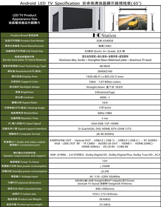 HOStation 台製 防撞強化玻璃 4K HDR 無線連網智慧型 電視/顯示器 SDB-65A858