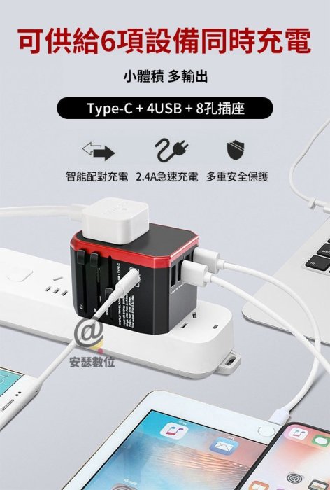 【Anra TYPE C+4USB 萬國轉接頭】Max 8.6A 萬用 萬國 旅行充電器 轉接頭 旅充 出國 旅遊