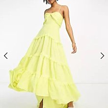 (嫻嫻屋) 英國ASOS-黃色扭結平口領荷葉摺邊分層感高低長裙洋裝禮服EF23