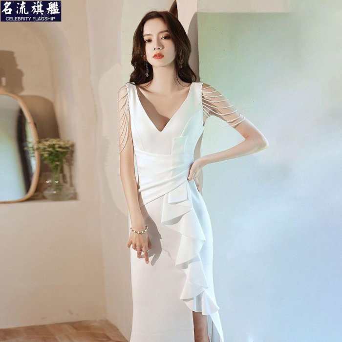 白色晚禮服女2022新款氣質名媛高級感輕奢小眾高級性感開叉魚尾裙-名流