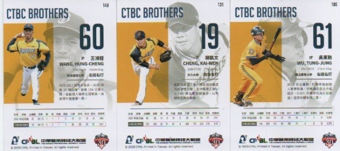 ^.^飛行屋(全新品)CPBL 中華職棒30年度 球員卡 中信兄弟隊 棒球卡~系列5 王鴻程 吳東融 鄭凱文