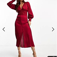 (嫻嫻屋) 英國ASOS-Miss Selfridge莓紅色蕾絲邊V領拼接鍛面長袖束腰中長裙洋裝EI23