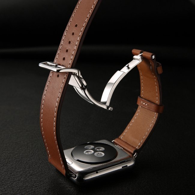 Apple Watch錶帶 蝴蝶扣 愛馬仕真皮錶帶(送保護貼+保護殼)4代 牛皮 Iwatch 替換帶 皮革錶帶4044