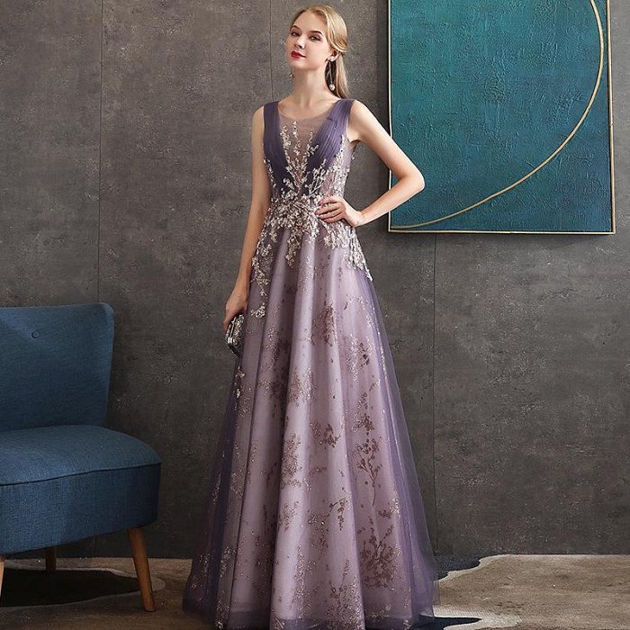晚禮服女 2022 新款紫色宴會氣質薄款主持年會禮服女舞會禮服長裙