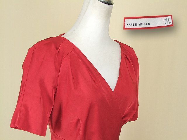 ◅貞新二手衣▻KAREN MILLEN 英國品牌紅色V領短袖緞面洋裝m(38)號