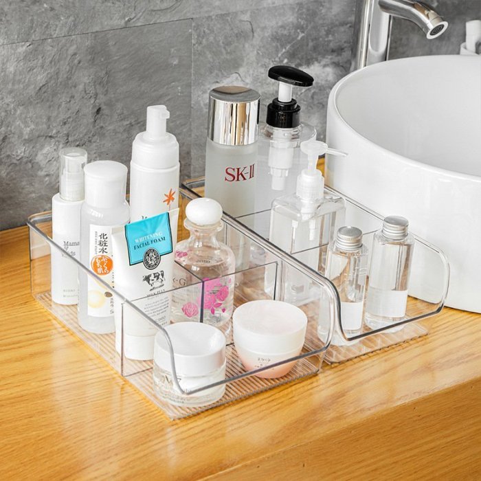 現貨熱銷-桌面收納盒衛生間浴室透明化妝品分格辦公室收納框雜物小型儲物盒爆款