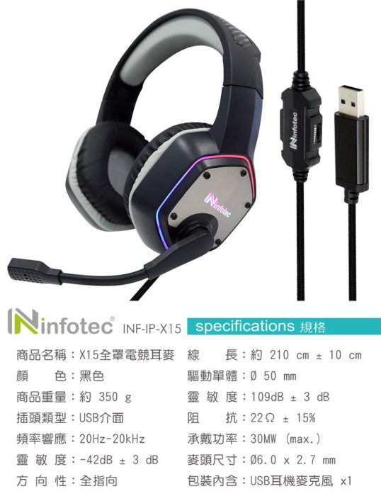 含稅info】 X15 全罩式專業電競 7.1聲道USB耳機麥克風 金屬色霧面 七彩RGB 防拉扯 360°全指向麥克風