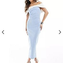 (嫻嫻屋) 英國ASOS-Vesper優雅時尚名媛白色一字領對比藍色合身過膝裙洋裝禮服AC24