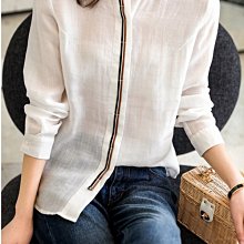 歐單 SL 新款 氣質文藝 撞色條紋織帶 透氣舒適天絲亞麻寬鬆小立領長袖襯衫上衣 三色 (E1226)
