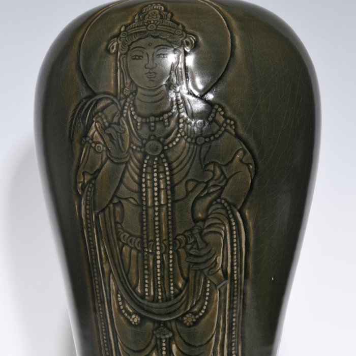 唐越窯青瓷刻花三圣圖梅瓶，高43.8cm直徑20.5cm，編號5 瓷器 古瓷 古瓷器