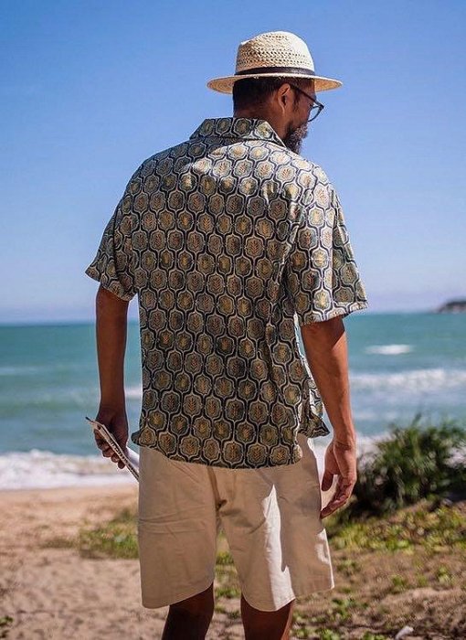 夏威夷 土耳其 基里姆花 民族風 藍色 幾何 圖騰 小眾 花紋 古巴領 短袖襯衫 古著 襯衫 復古 花襯衫
