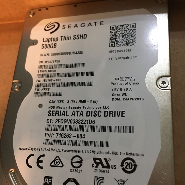 二手近全新Seagate 500g 筆電用硬碟5400轉 2.5吋SSHD 固態混合硬碟，使用294小時