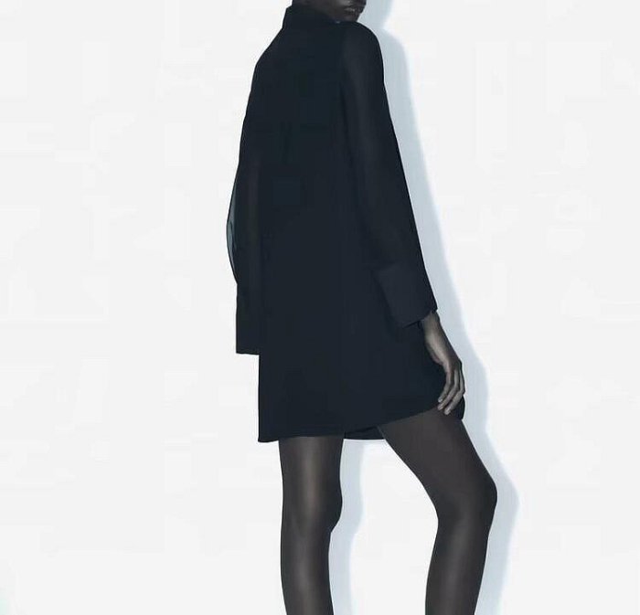 #052（圖）預購商品 春季新品 長袖洋裝 連身短裙 純色 黑 薄紗拼接 翻領 單排釦 鈕釦飾UZC58/0124
