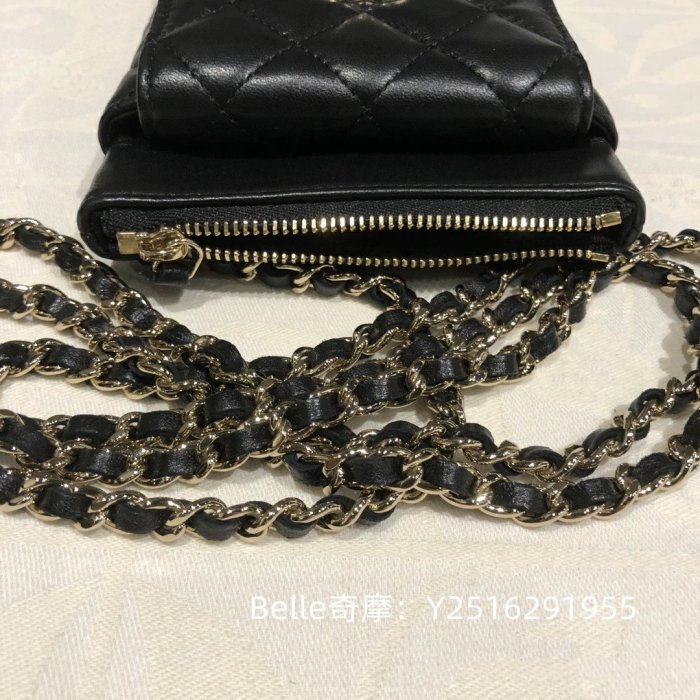 Belle二手正品 CHANEL 香奈兒 手機包 二合一 小羊皮 黑色 斜挎包 小皮夾 現貨 AP1191