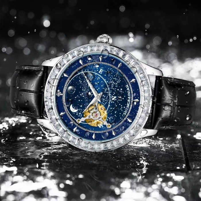熱銷 手錶腕錶新款夜光星空手錶男防水真皮帶時尚創意全自動機械錶鏤空真鉆