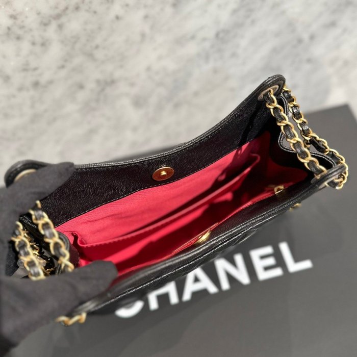 【翰貝格名牌館】全新真品 CHANEL 爆款 黑色 小牛皮 荔枝紋 Hobo 中號 流浪包 AS3690