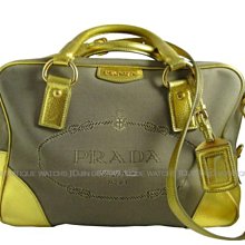 金鐸精品~C394 PRADA 家徽大LOGO駝色緹花織布 特殊金色背帶 波士頓包 手提包 肩背包