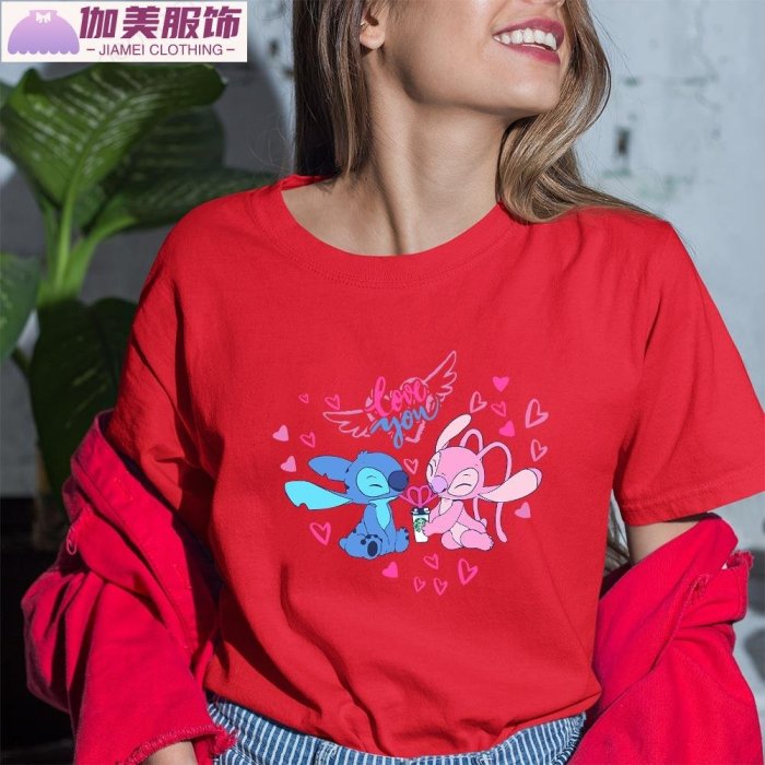 女士 T恤女 夏季新品 時尚卡通 Lilo amp;大尺碼女裝圖案黑色白色 T恤女生短袖舒適趨勢大碼女生短袖T恤-伽美服飾