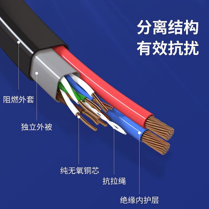 網路線4芯8芯網線帶電源一體足米足芯綜合線室外無氧銅網線電源線二合一