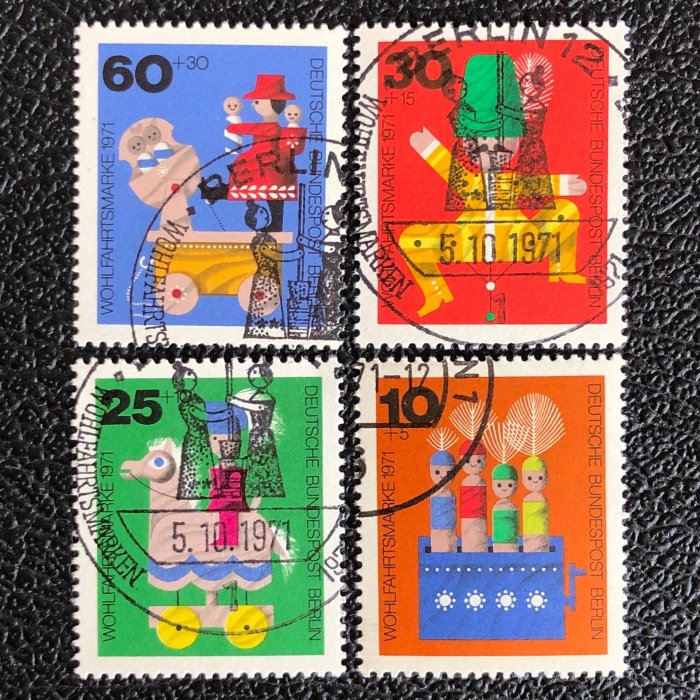 【二手】1423外國郵票德國西柏林1971年 木制玩具4枚銷全 國外郵票 定位冊 專題冊【雅藏館】-822