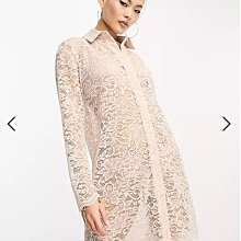 (嫻嫻屋) 英國ASOS-Flounce London透膚蕾絲襯衫領長袖鈕釦裙洋裝EE23