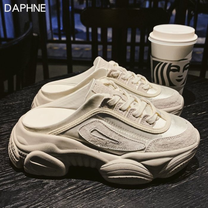 現貨熱銷-Daphne/達芙妮老爹鞋女2021年新款春季厚底外穿懶人包頭半拖鞋