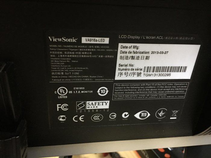 電腦雜貨店→ViewSonic 優派VA1916A-LED 19吋液晶螢幕 支援VGA 二手良品 $600
