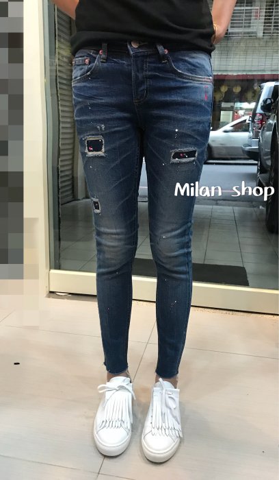 ☆Milan Shop☆網路最低價 正韓Korea獨家款Rod 超激瘦破損補布彩漆九分窄管AB褲$1400(免運)