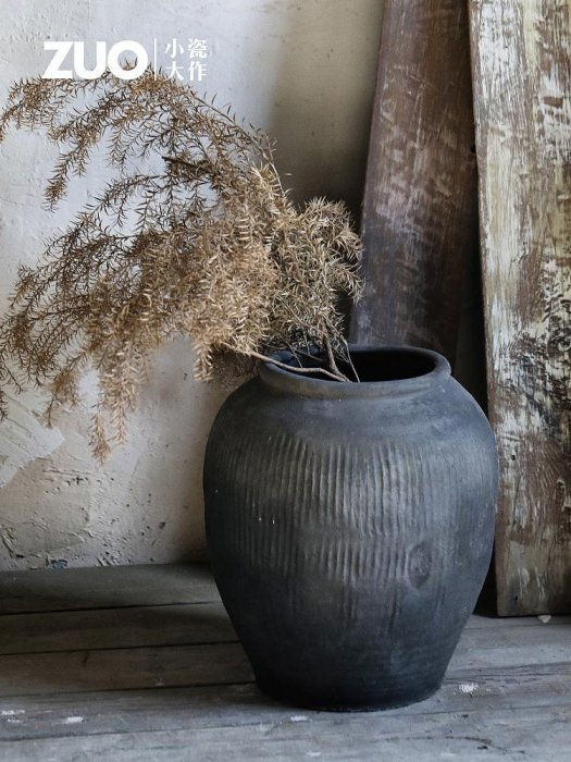 復古翁缸粗陶做舊黑陶罐落地花瓶組合禪意土罐仿古中式藝術老瓦罐--三姨小屋
