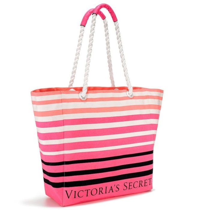 【菲菲美國舖】時尚海灘。真品現貨~* Victoria's Secret *~麻繩背帶❤俏麗條文帆布旅行包/露營包/媽媽包