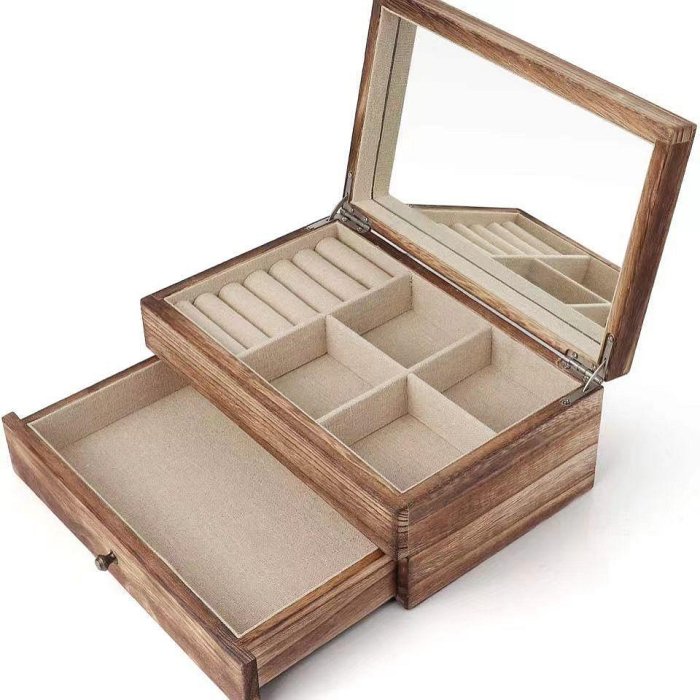 【完美彩妝日記】飾品盒雙層大容量帶鏡子 木製首飾盒 珠寶收納盒 戒指手鐲項鏈