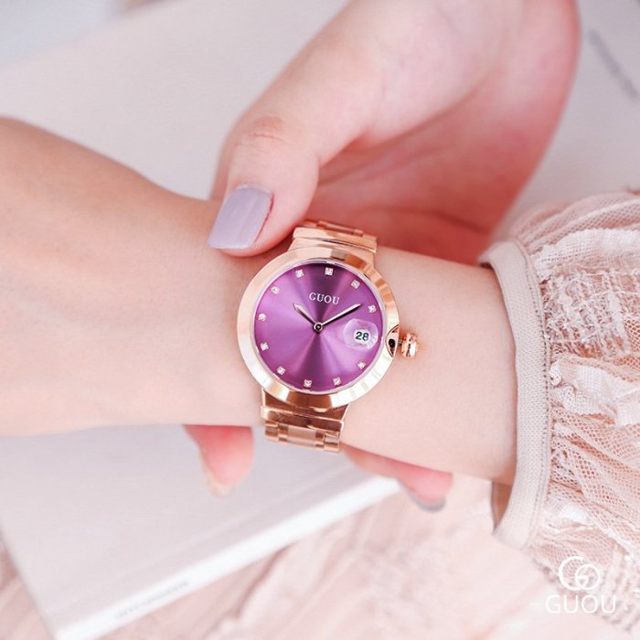 新款手錶女 百搭手錶女香港GUOU古歐手錶女鋼帶石英錶腕錶watch水鉆玫瑰金色女士  手錶
