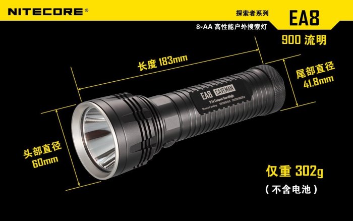 【LED Lifeway】NiteCore EA8 (最後-限量特價)  戶外探洞搜索強光手電筒  (8*AA)