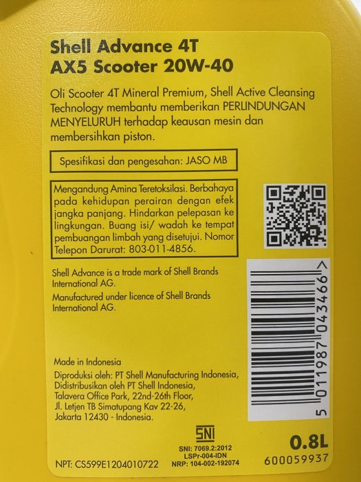 『油工廠』Shell Advance AX5 scooter 4T 20W40 礦物 機油 0.8L 通勤 外送