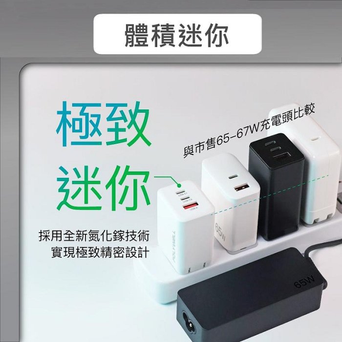 【珍愛頌】寶利威爾 65W三孔PD快充頭 雙USB-C+USB-A充電器 GaN氮化鎵 BSMI認證 POLYWELL