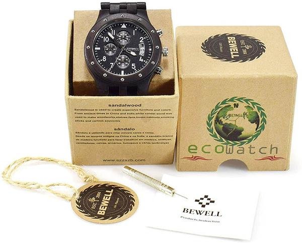 Bewell【日本代購】復古懷舊木錶 男性用木質手錶 日曆－紫檀