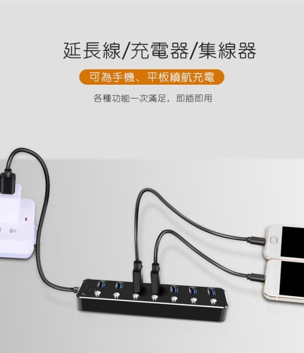 【易控王】銀色 USB集線器 USB分線器 USB延長線 USB3.0 7孔獨立開關 OTG 鋁合金(40-728S)