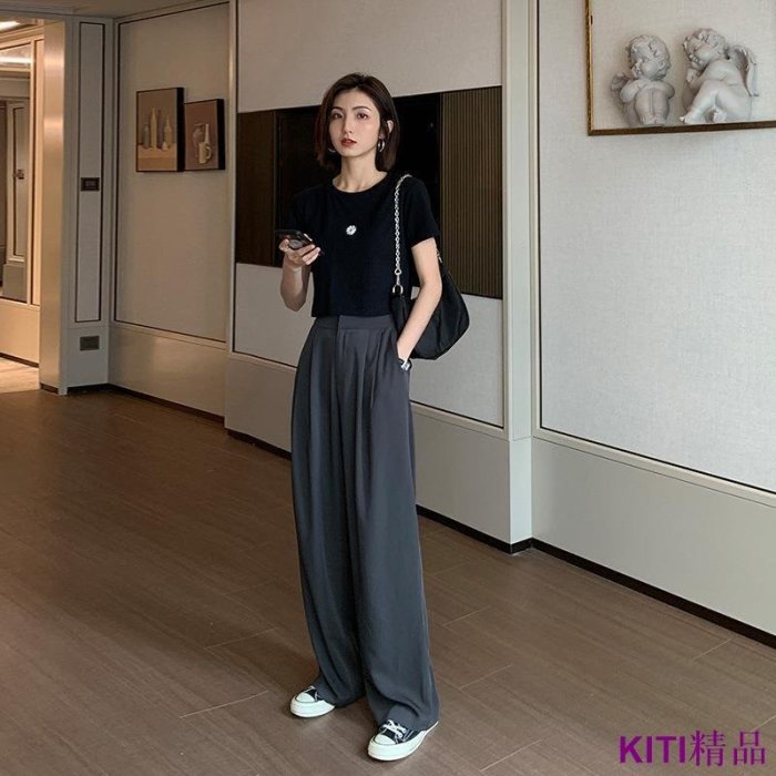 KITI精品【關注店鋪 首購減99】M-4XL大尺碼西裝拖地寬褲 女裝黑灰西裝拖地長褲春秋胖mm寬鬆200斤垂墜感高腰墜感寬褲