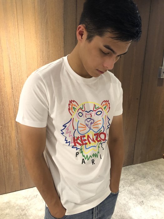 美國百分百【KENZO】高田賢三 T恤 圓領 T-shirt 短袖 logo 虎頭 印圖 白色 上衣 男 S號 J400